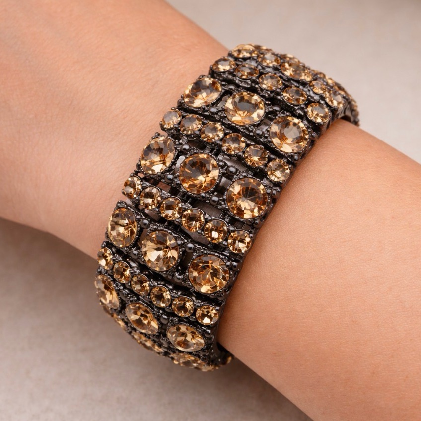 Cara New York Bracelet Rhinestone Amber Gold Cz Black Cuff Bangle 1